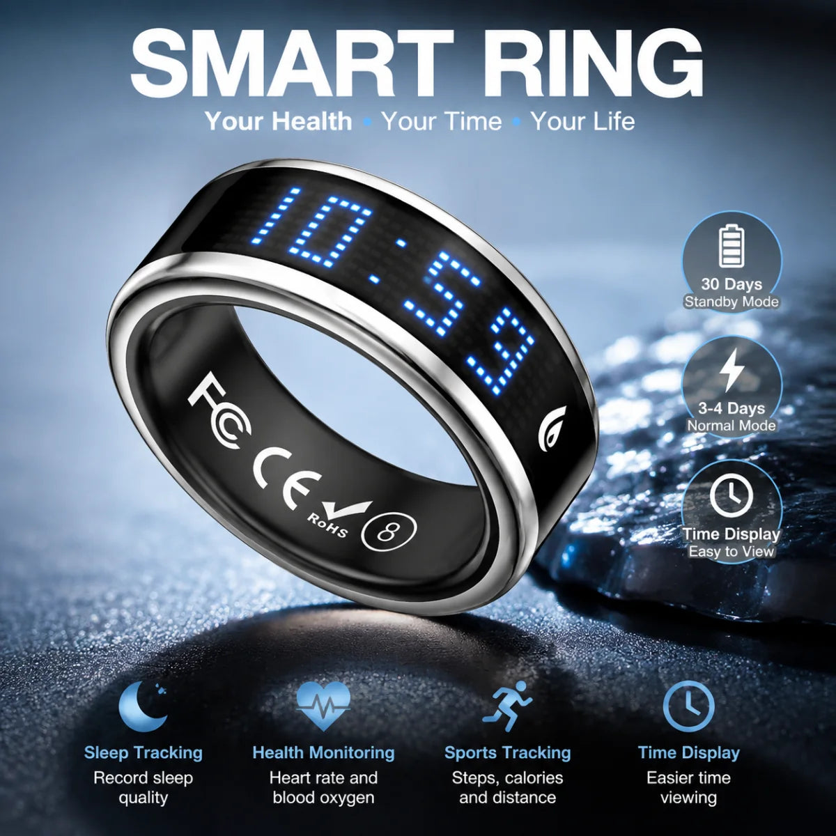 Smart Ring With LED Time Display And Health Monitoring