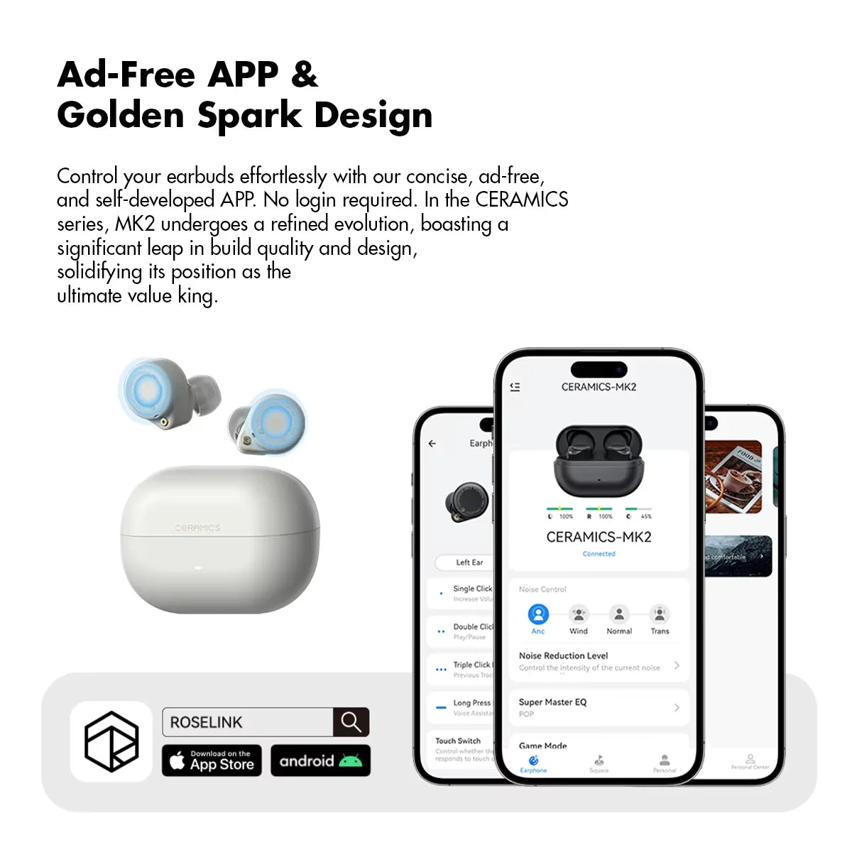 ROSESELSA CERAMICS MK2 Wireless Earbuds With Active Noise Cancellation