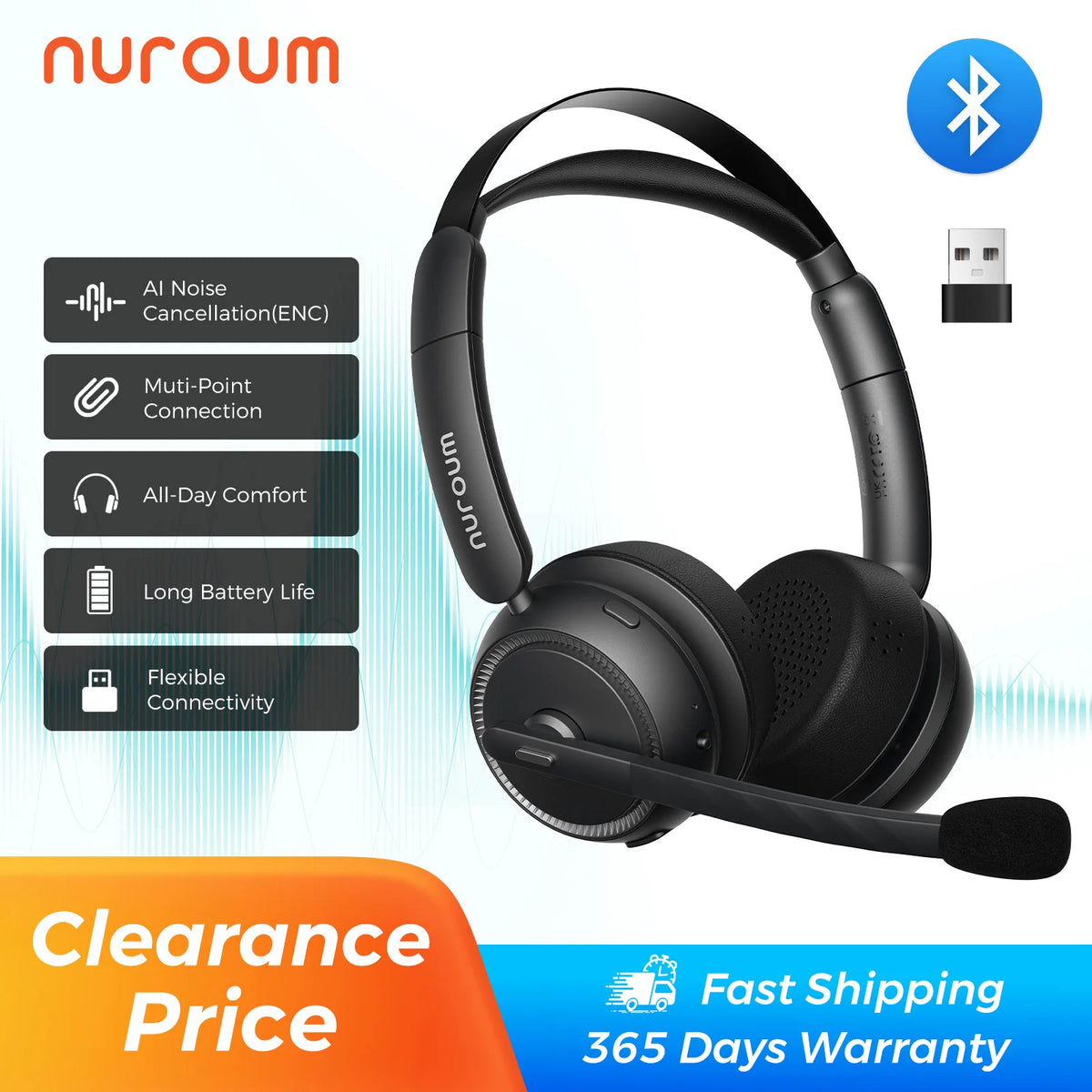 Nuroum Bluetooth 5.3 Wireless Headset ENC Noise Cancelling Microphone