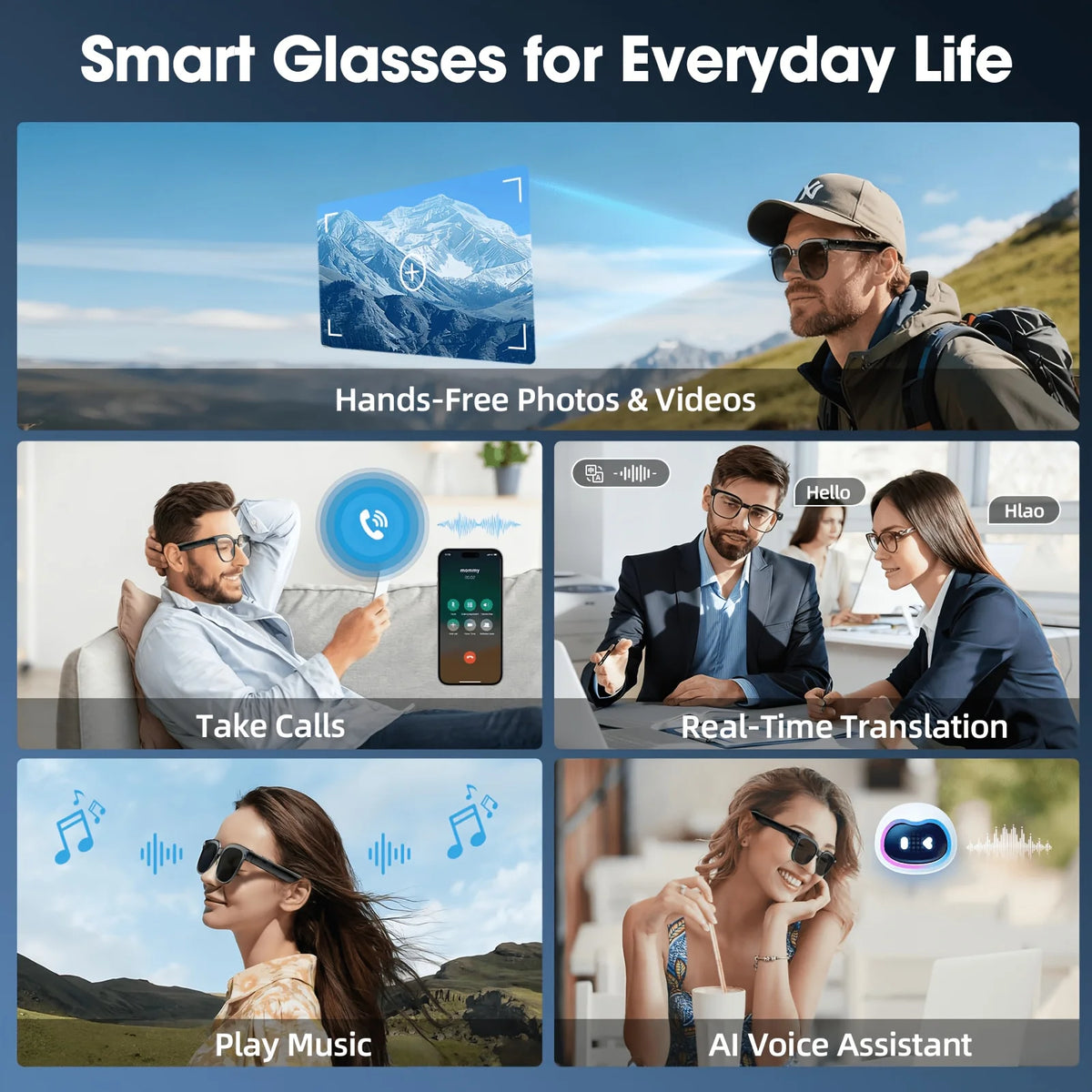 Smart Camera Glasses With HD Video Bluetooth Audio And Translation