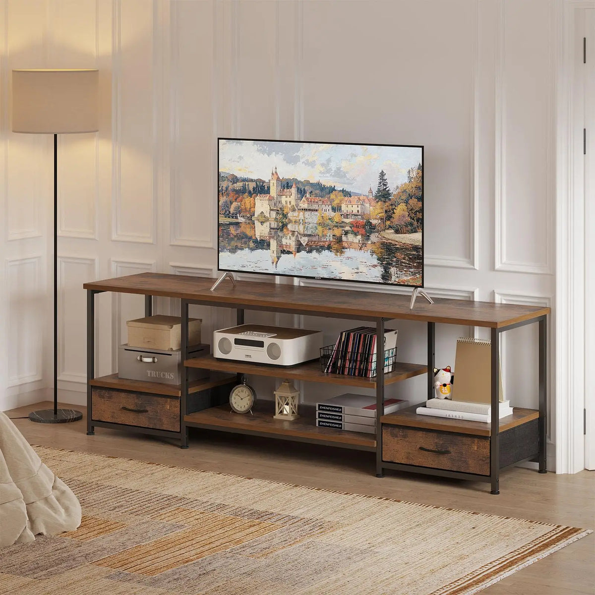 JHK Modern Wooden TV Stand With Adjustable Shelf And Storage