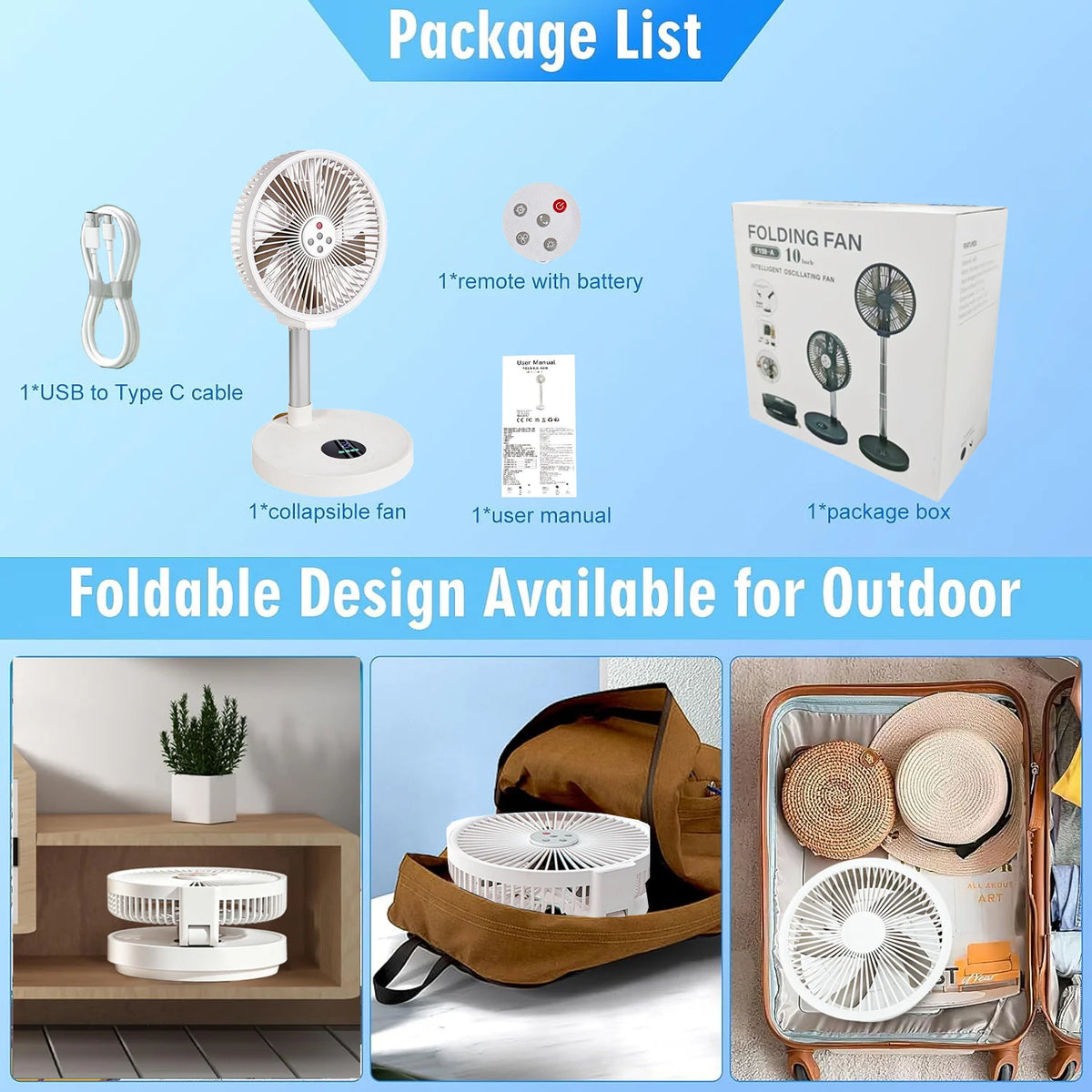 TENGKESi Remote Control Folding Fan With LED Light And Timer