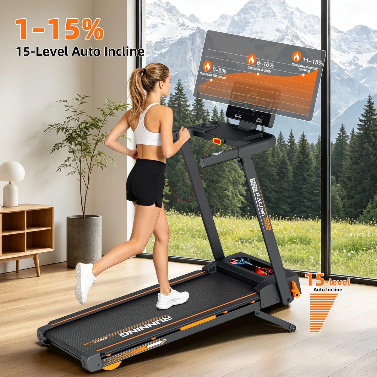 Folding Treadmill With 15-Level Auto Incline And Quiet Motor