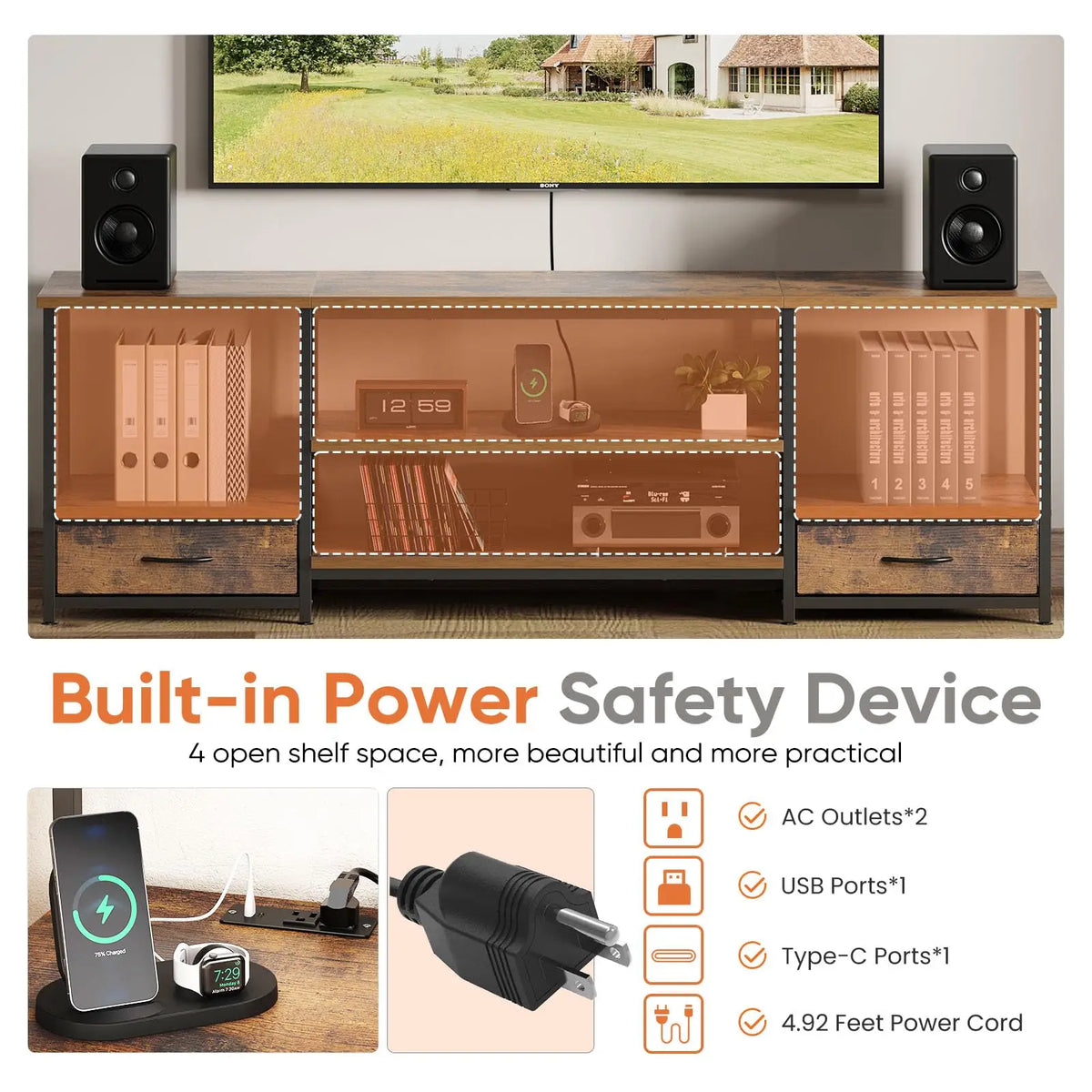 JHK Modern Wooden TV Stand With Adjustable Shelf And Storage