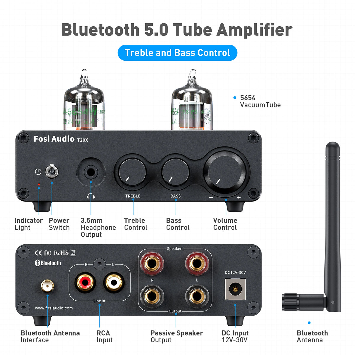 Fosi Audio T20X Bluetooth Vacuum Tube Stereo Power Amplifier TPA3221