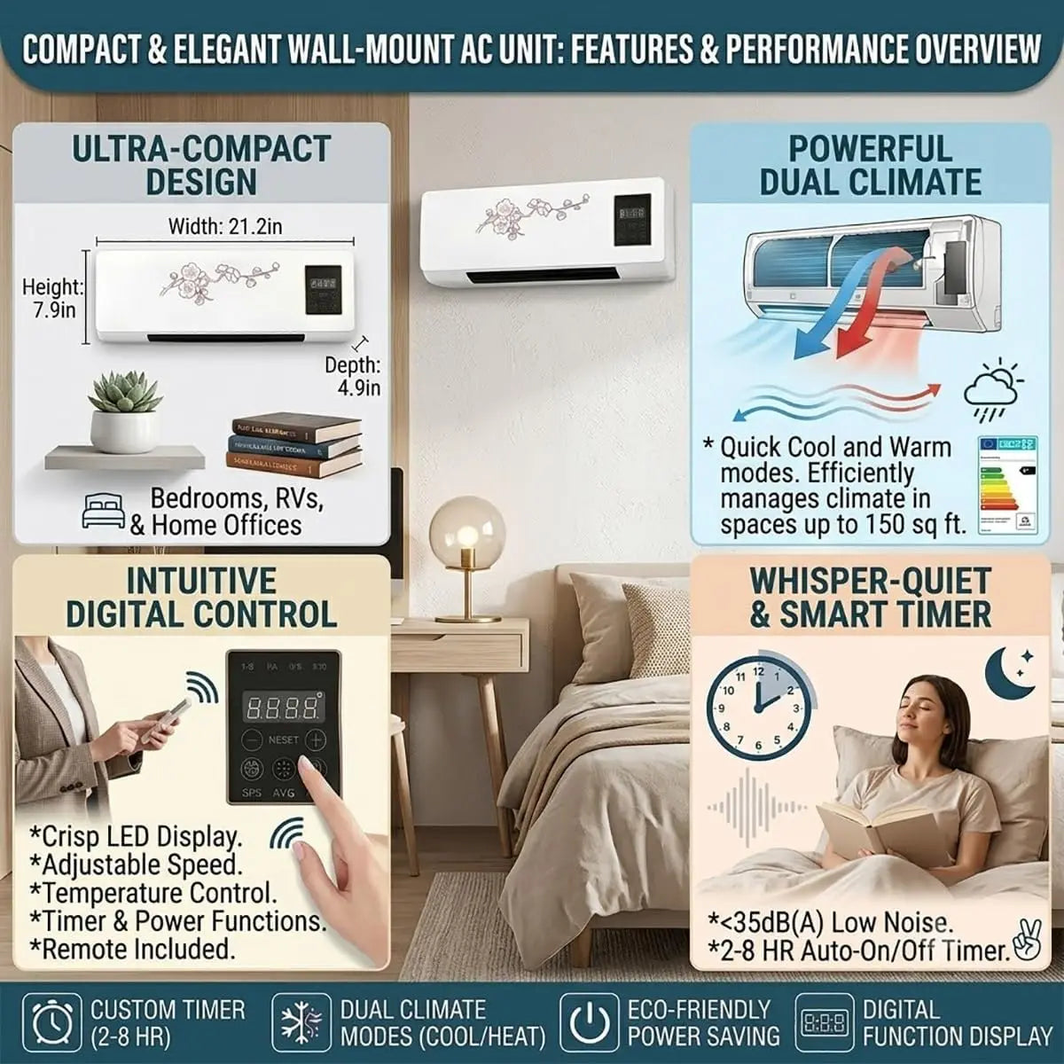 Wall Mounted Mini Split Air Conditioner Heater With Remote Control