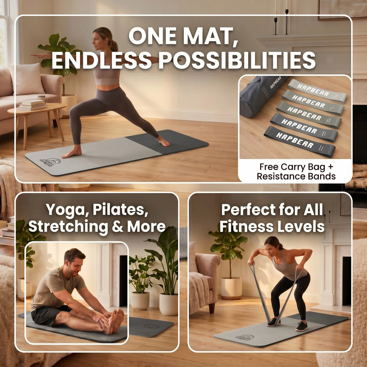 HAPBEAR Non Slip TPE Yoga Mat for Home Workout Pilates