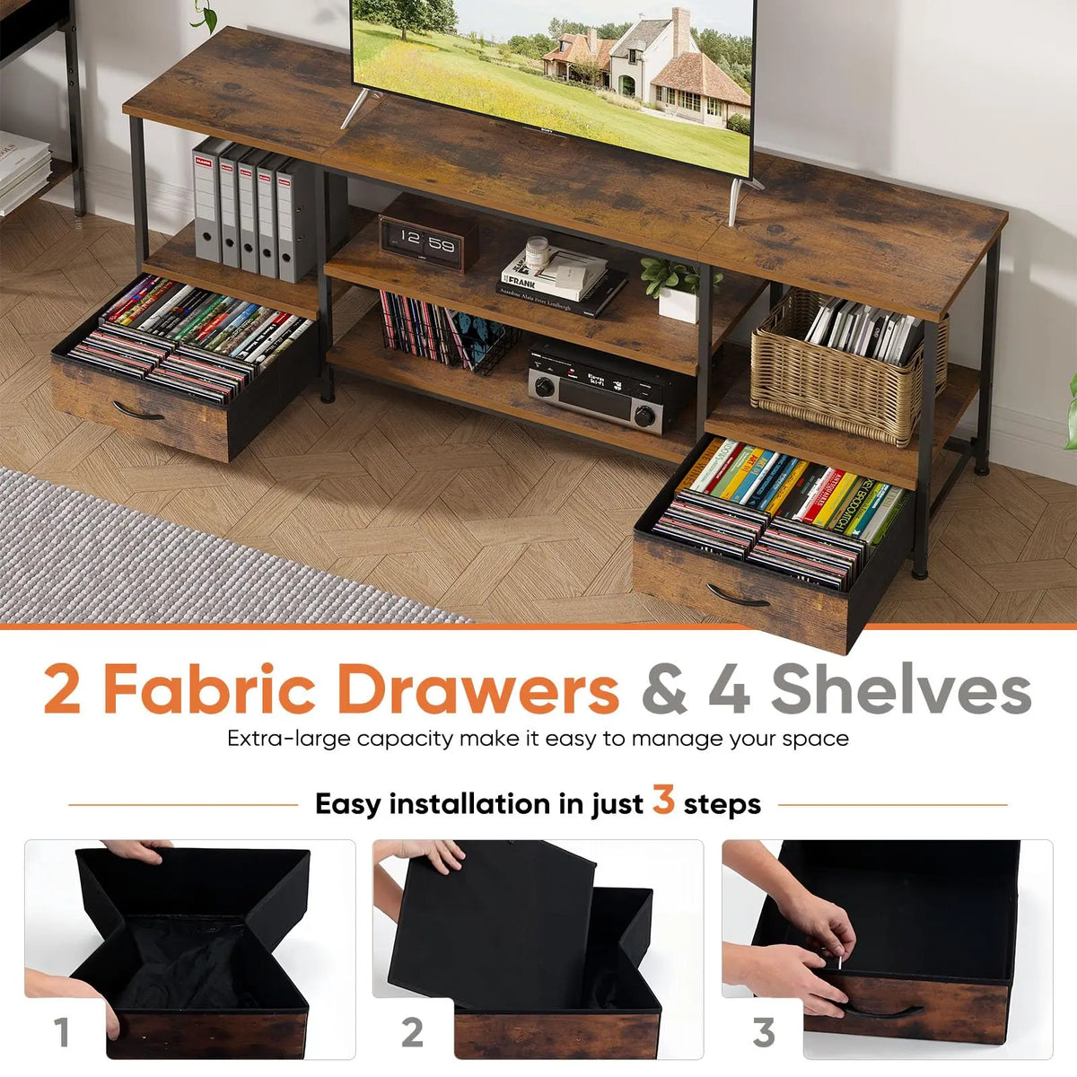 JHK Modern Wooden TV Stand With Adjustable Shelf And Storage