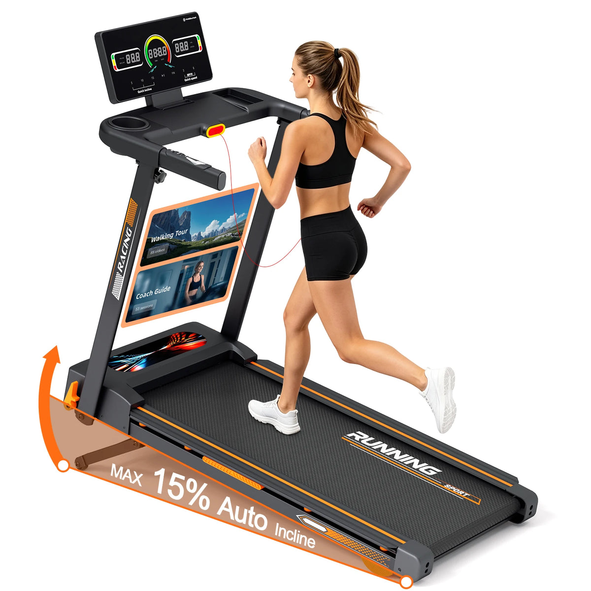 Folding Treadmill With 15-Level Auto Incline And Quiet Motor